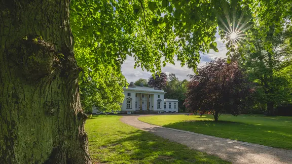 Ein Weg führt im Hirschpark in Hamburg zu einem Herrenhaus, im Vordergrund ein alter Baum.