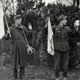 Wehrmachtssoldaten ergeben sich 1945 und halten weiße Tücher hoch.