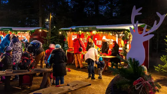 Ein Stand und Besucher bei der Waldweihnacht im ErlebnisWald Trappenkamp