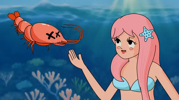 Bild in Cartoon-Stil. Rechts eine Meerjungfrau unter Wasser. Links eine Krabbe mit durchgekreuzten Augen. (extra 3 vom 26.06.2025 im Ersten) (Bild hat KI-generierte Elemente)