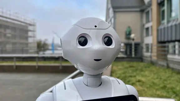 Roboter Pepper befindet sich neben dem NDR Landesfunkhaus in Kiel, hiner ihm ist die Kieler Förde zu erkennen.