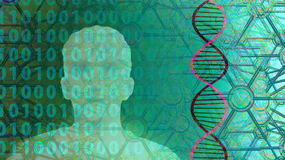 Illustration mit Binärcodes und DNA-Strängen zu Gesundheitsdaten über Menschen.
