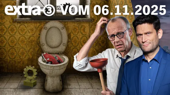 Ein schwitzender Friedrich Merz mit einer Saugglocke in einem Bad aus den 60er Jahren. Daneben Christian Ehring. (extra 3 vom 06.11.2025 im Ersten) (Bild hat KI-generierte Elemente)