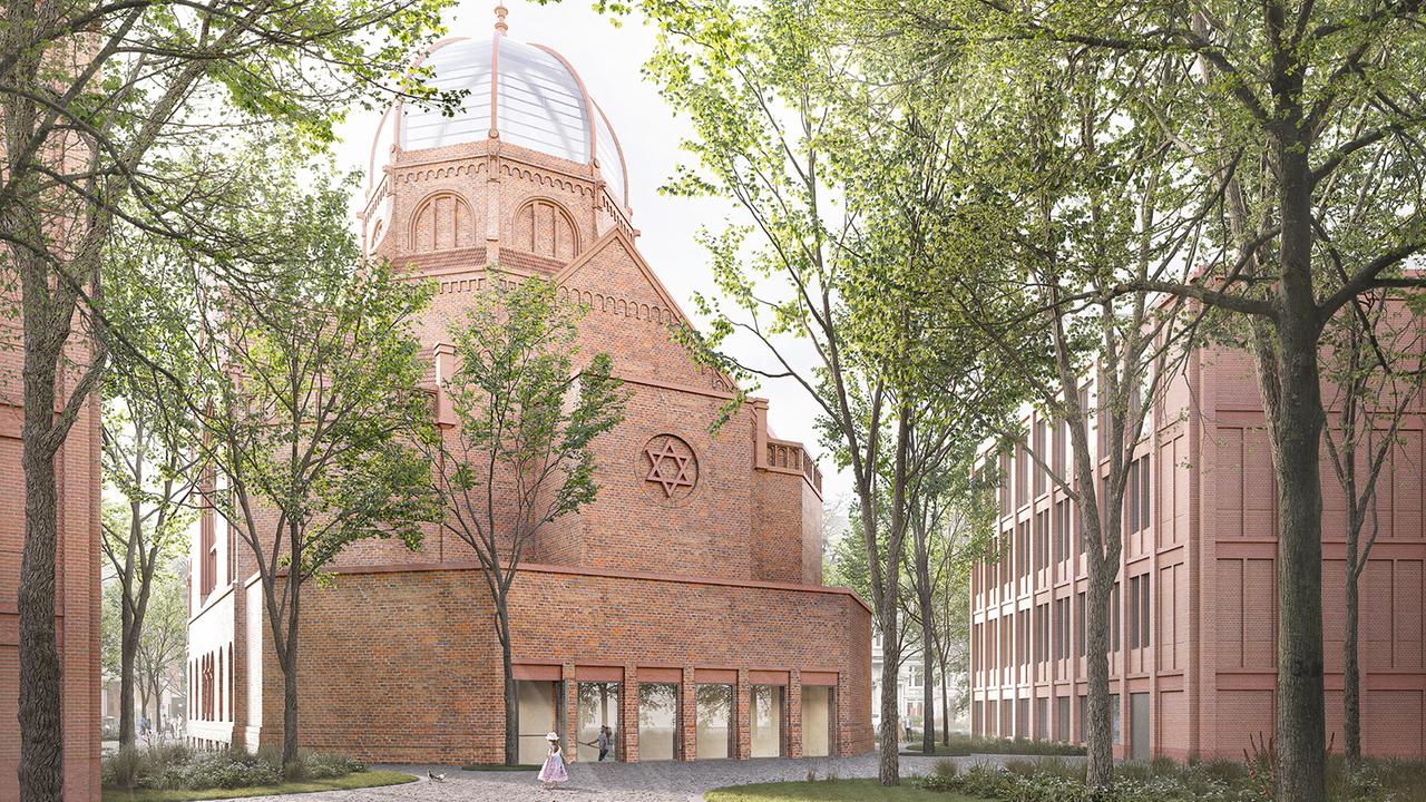 Eine Visualisierung zeigt den Siegerentwurf für die Bornplatzsynagoge im Hamburger Grindelviertel.