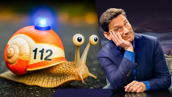 Eine Schnecke in Rettungswagen-Optik mit Blaulicht. Daneben Christian Ehring. (extra 3 vom 19.06.2025 im Ersten) (Bild hat KI-generierte Elemente)