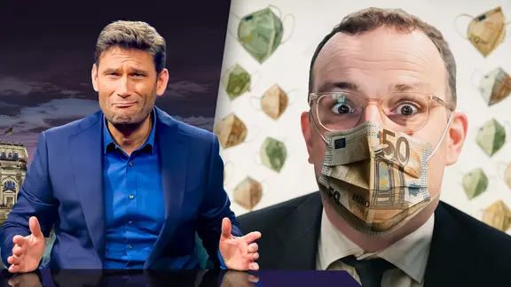 Jens Spahn mit einer Maske aus Geldscheinen. Daneben Christian Ehring. (extra 3 vom 19.06.2025 im Ersten) (Bild hat KI-generierte Elemente)
