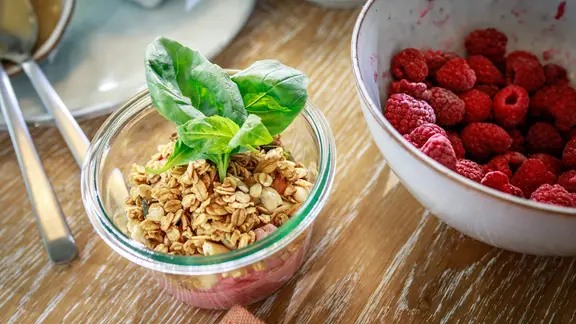Himbeer-Kokoscreme mit mit Knuspermüsli und Basilikum in einer Glasschale serviert.