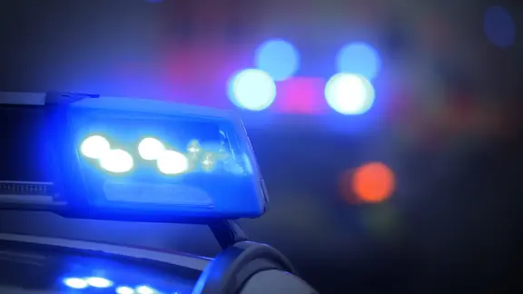 Blaulicht eines Polizeiautos in der Nacht.
