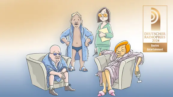 Illustration: Drei Personen in Bademänteln, eine Frau mit Unterlagen; daneben ruht eine Dame im Sessel mit Weinglas.