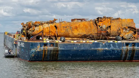 Überreste des vor Scharhörn gesunkenen U-Bootes U 16 aus dem Ersten Weltkrieg, geborgen am 1. September 2025.