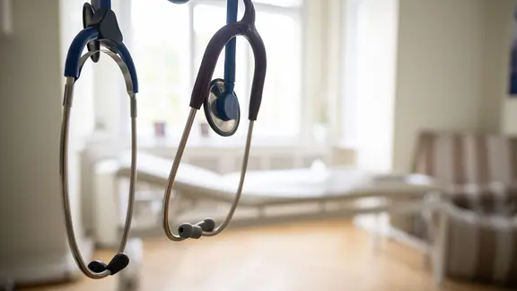 Stethoscopes hang in an ENT practice.
