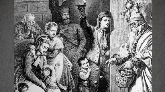 Sankt Nikolaus bei einer Bauernfamilie, Holzstich aus der zweiten Hälfte des 19. Jahrhunderts.