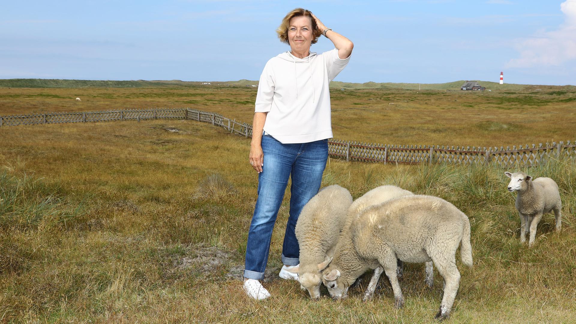Dora Heldt steht auf einer Wiese und blickt in die Kamera; neben ihr grasen Schafe. | AURORA SYLT Georg Supanz