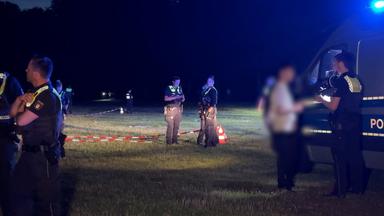 Polizisten beleuchten nach einer Auseinandersetzung im hamburger Stadtpark eine Wiese.