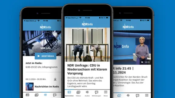Drei nebeneinander liegende Handys, auf denen verschiedene Ansichten der NDR Info App zu sehen sind.