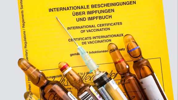 Ampullen mit Impfstoff liegen auf einem internationalen Impfausweis.