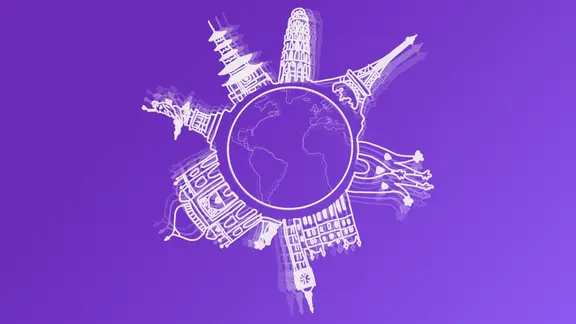 N-JOY Weltweit: Eine Illustration zeigt Gebäude wie Eiffelturm und Freiheitsstatue auf einem Globus