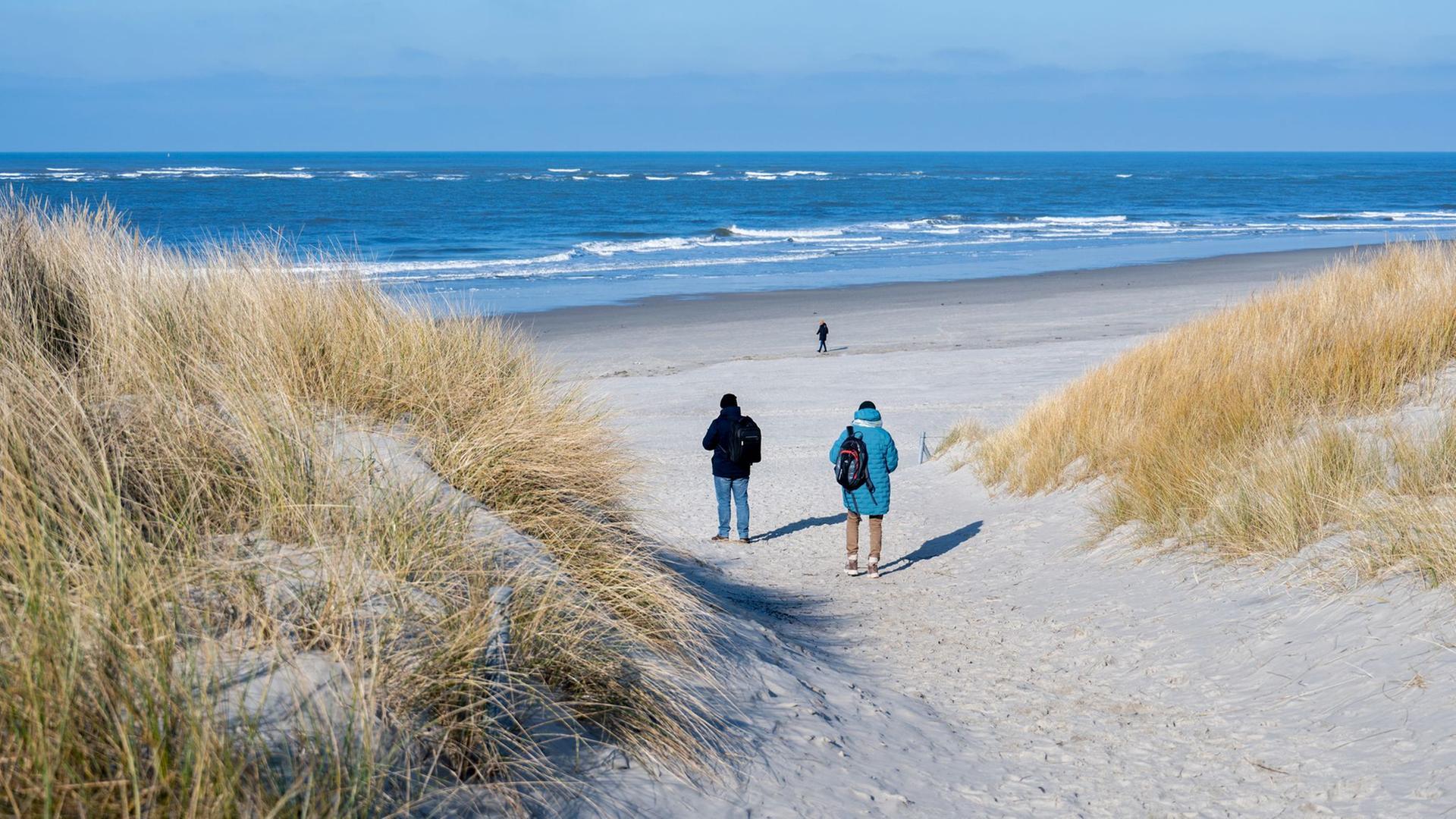 Touristen gehen bei sonnigem Wetter über einen Weg durch die Dünen am Strand der Nordseeinsel Langeoog.  | Hauke-Christian Dittrich/dpa