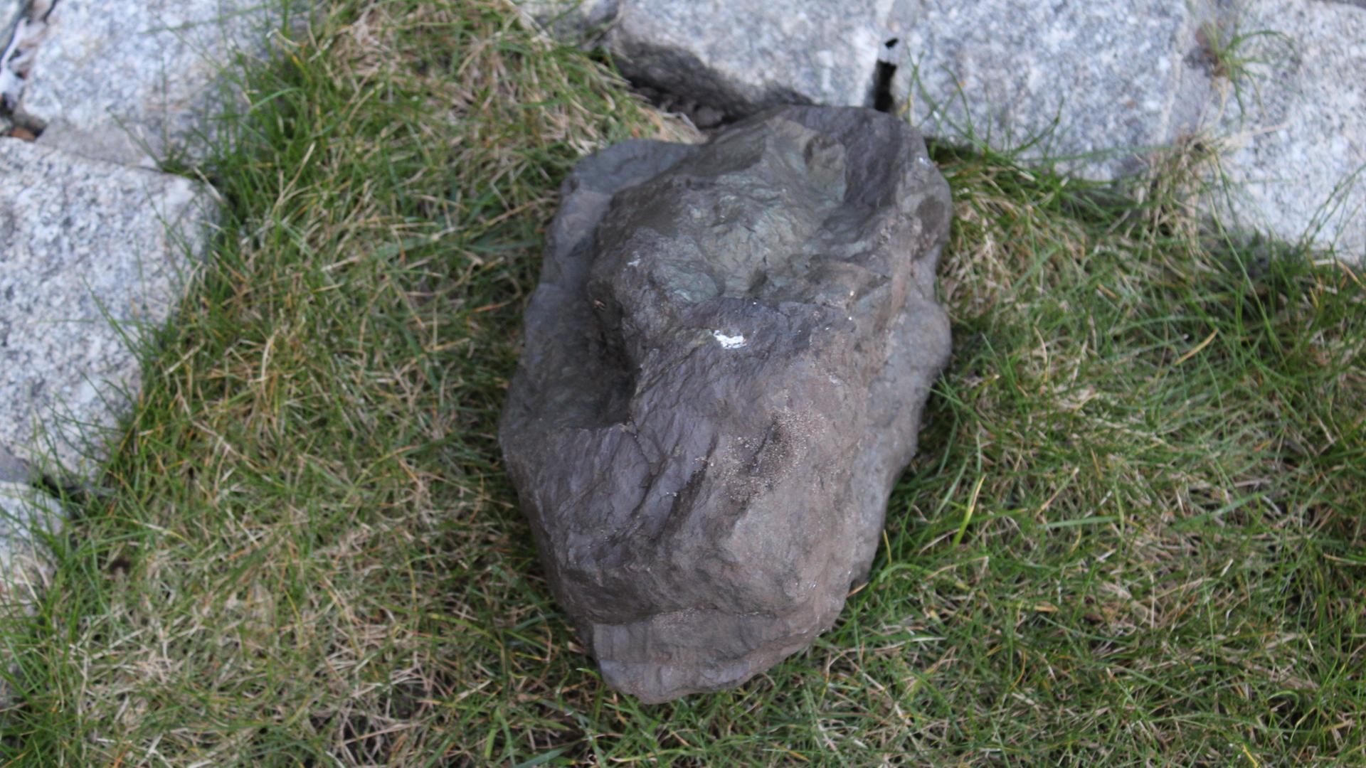 Ein dunkelgrauer Stein liegt in Stade auf Gras. | Feuerwehr Stade