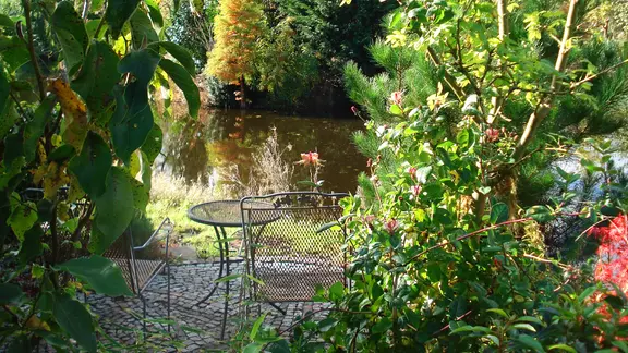 Sitzplatz am Wasser Blick im Arboretum Neuenkoop.