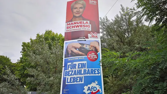Wahlplakate der SPD এবং der AfD hängen in MV is einem Laternenmast.