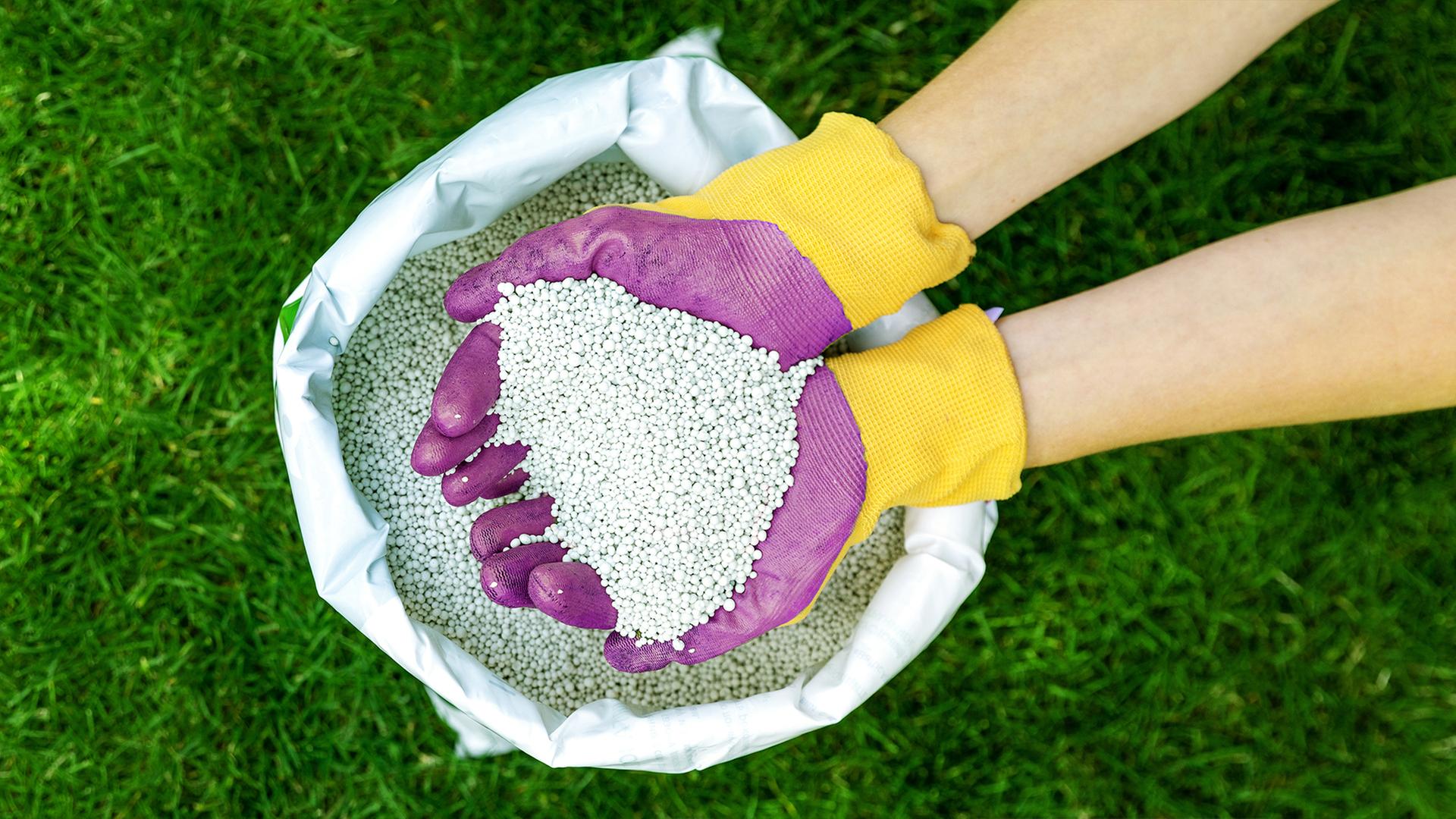 Eine Frau mit Gartenhandschuhen greift in einen Sack mit Dünger | AdobeStock/ronstik