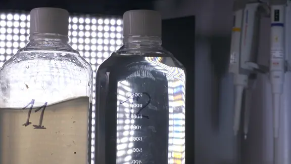Zwei Plastikflaschen mit Proben in einem Labor.