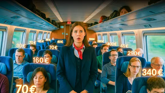 Eine Zugbegleiterin mit Passagieren, die alle unterschiedliche Preise gezahlt haben. (extra 3 vom 19.06.2025 im Ersten) (Bild hat KI-generierte Elemente)
