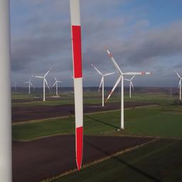 Zahlreiche Windräder mit Rot-Weißen Rotorblättern stehen auf offener Fläche.