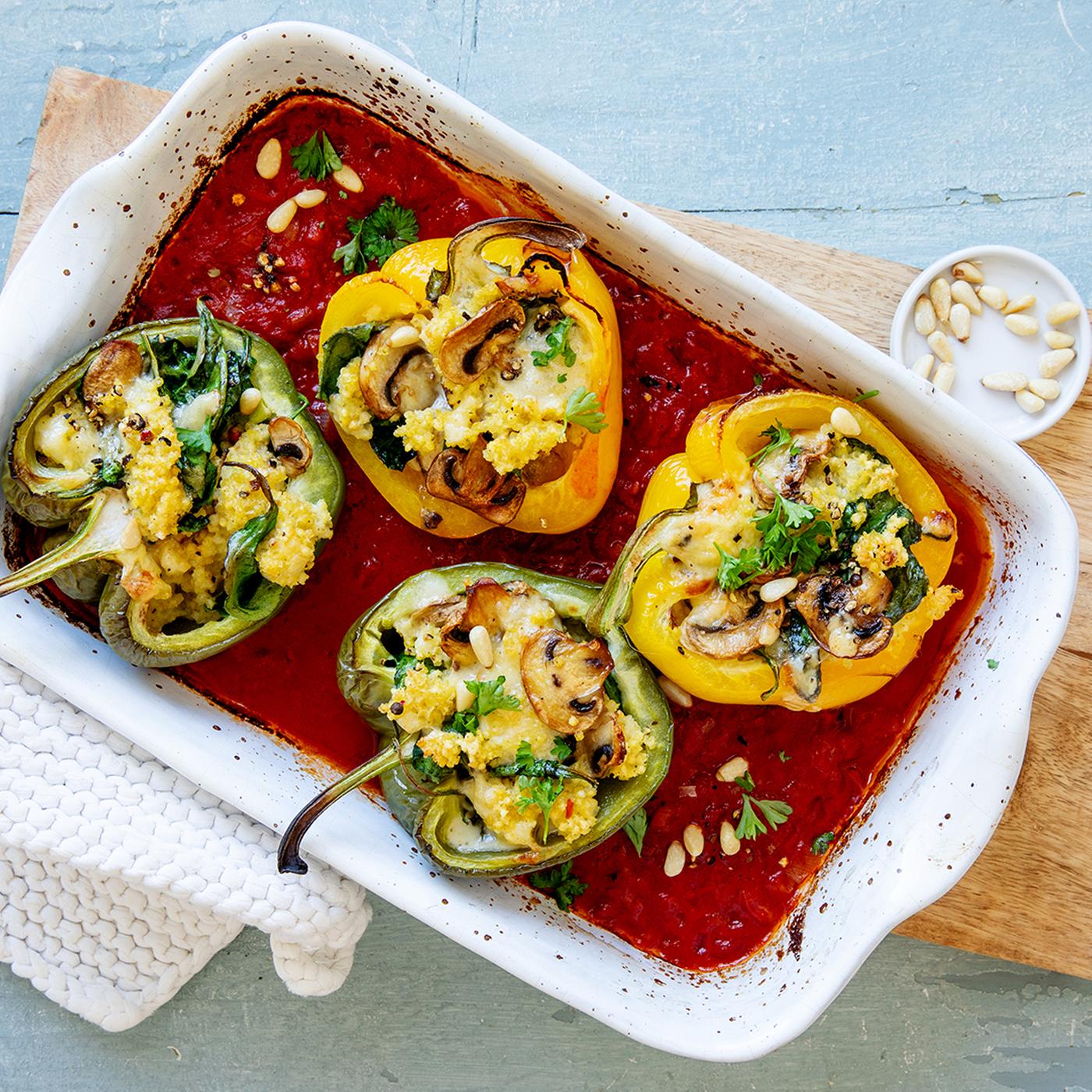 Gefllte Paprika mit Pilz-Spinat-Hirse