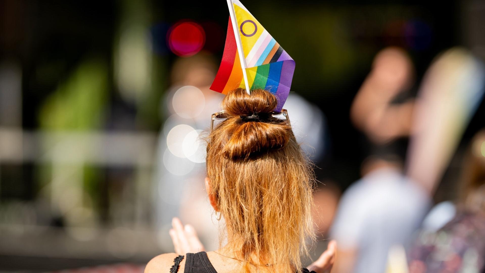 Eine Frau mit einer Regenbogenfahne im Haar. | dpa, Jacob Schröter