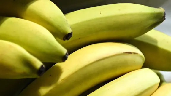 Nahaufnahme von meheren Bananen in einem Supermarkt.