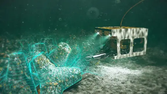 Animiert: Ein Roboter untersucht den Meeresboden.