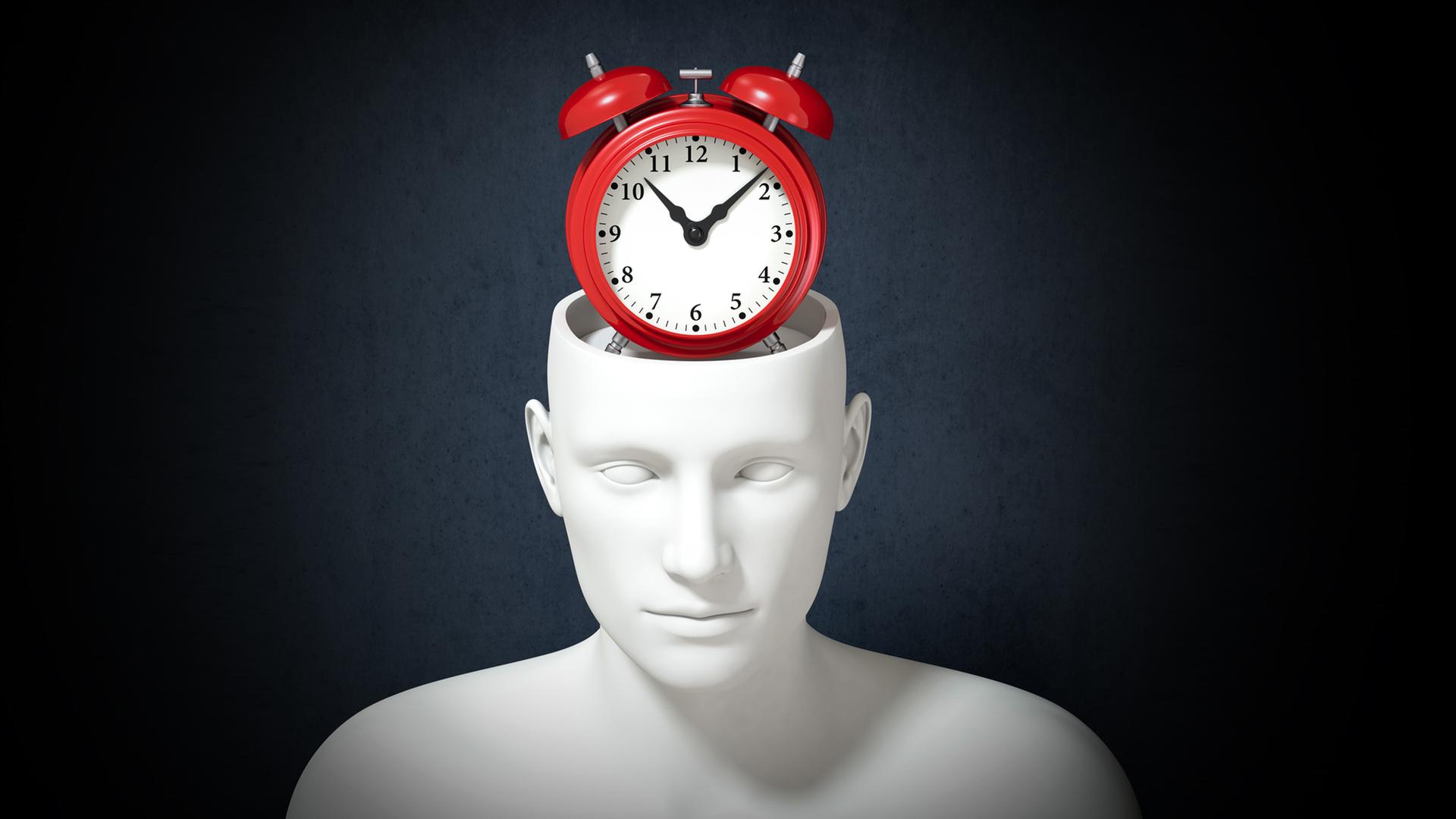 Wecker ist oberhalb eines künstlichen Kopfes platziert | Panthermadia, lucadp