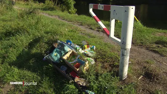 Ein Müllberg liegt auf einer Wiese.