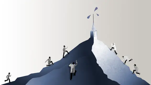 Forscher in weißen Kitteln klettern einen Berg hoch, auf dessen Spitze eine Spritze steht.