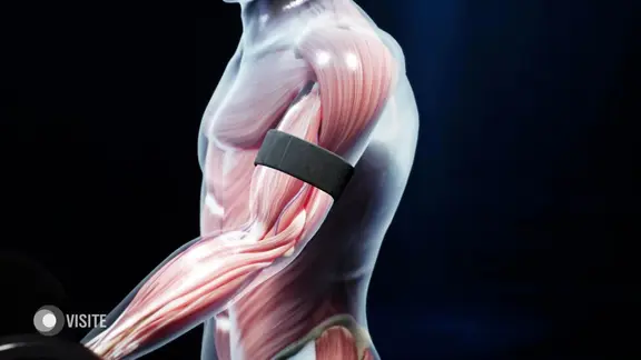 Eine 3D-Visualisierung zeigt einen muskulösen Körper an dem ein Arm abgebunden ist.