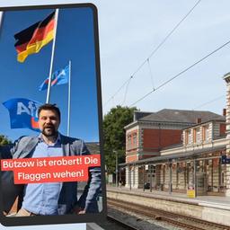 Der Bahnhof von Bützow und ein Post der AfD.