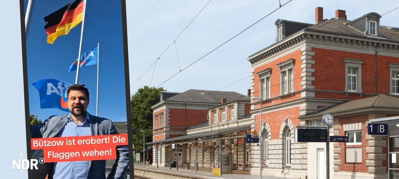 Auf dem Bahnhof von Bützow wehen aktuell u.a. AfD-Flaggen, was die Partei auch in einem provokanten Video postet. | Bildmontage NDR, Imago/BildFunkMV, Screenshot @X.com @schmidtschwerin Der Bahnhof von Bützow und ein Post der AfD.
