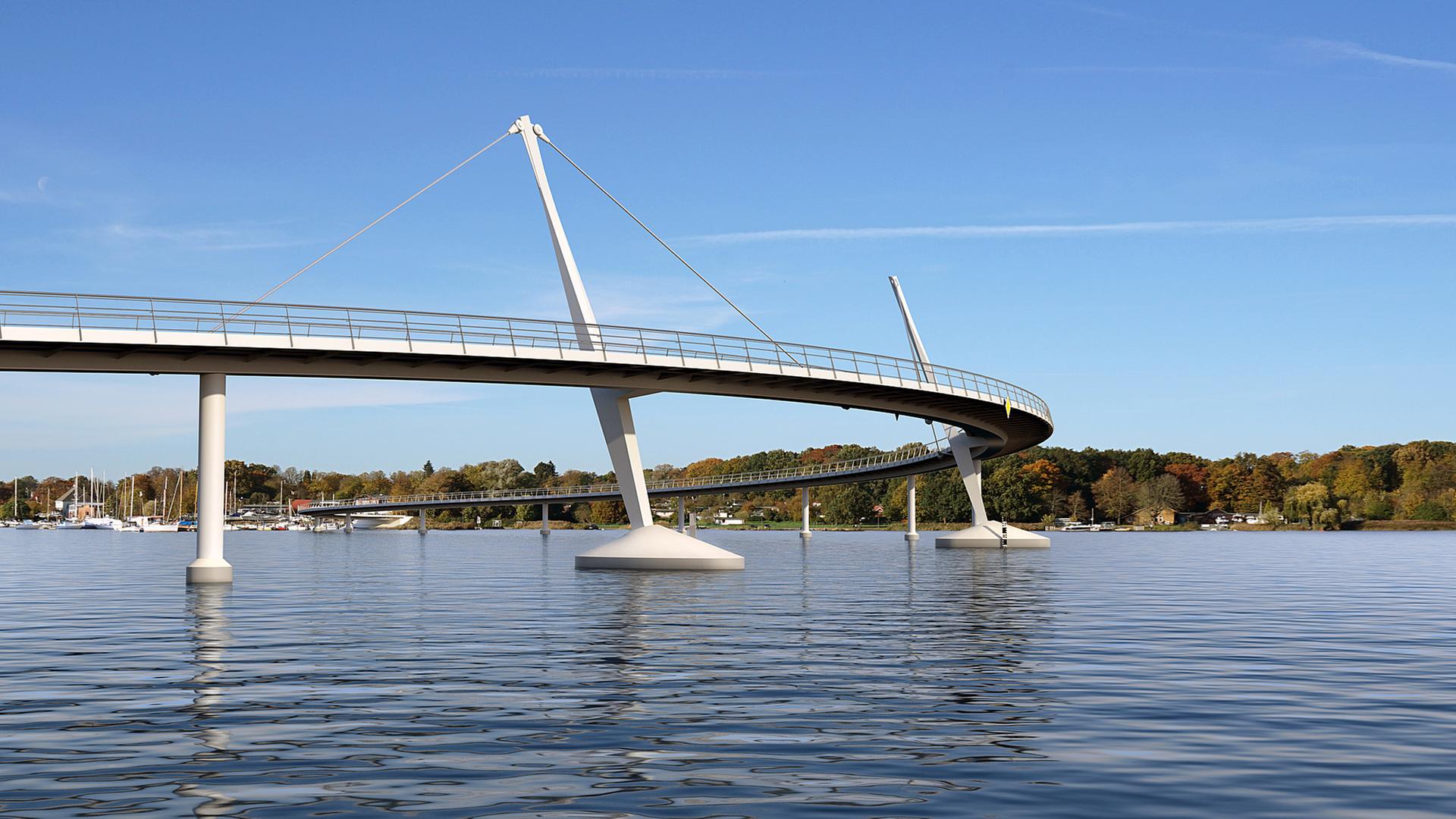 Eine Visualisierung zeigt den Entwurf einer Fußgängerbrücke über die Warnow | Planer: IL und sbp: www.inros-lackner.de und www.sbp.de; 3D Visualisierung: ing.nitschke@online.de