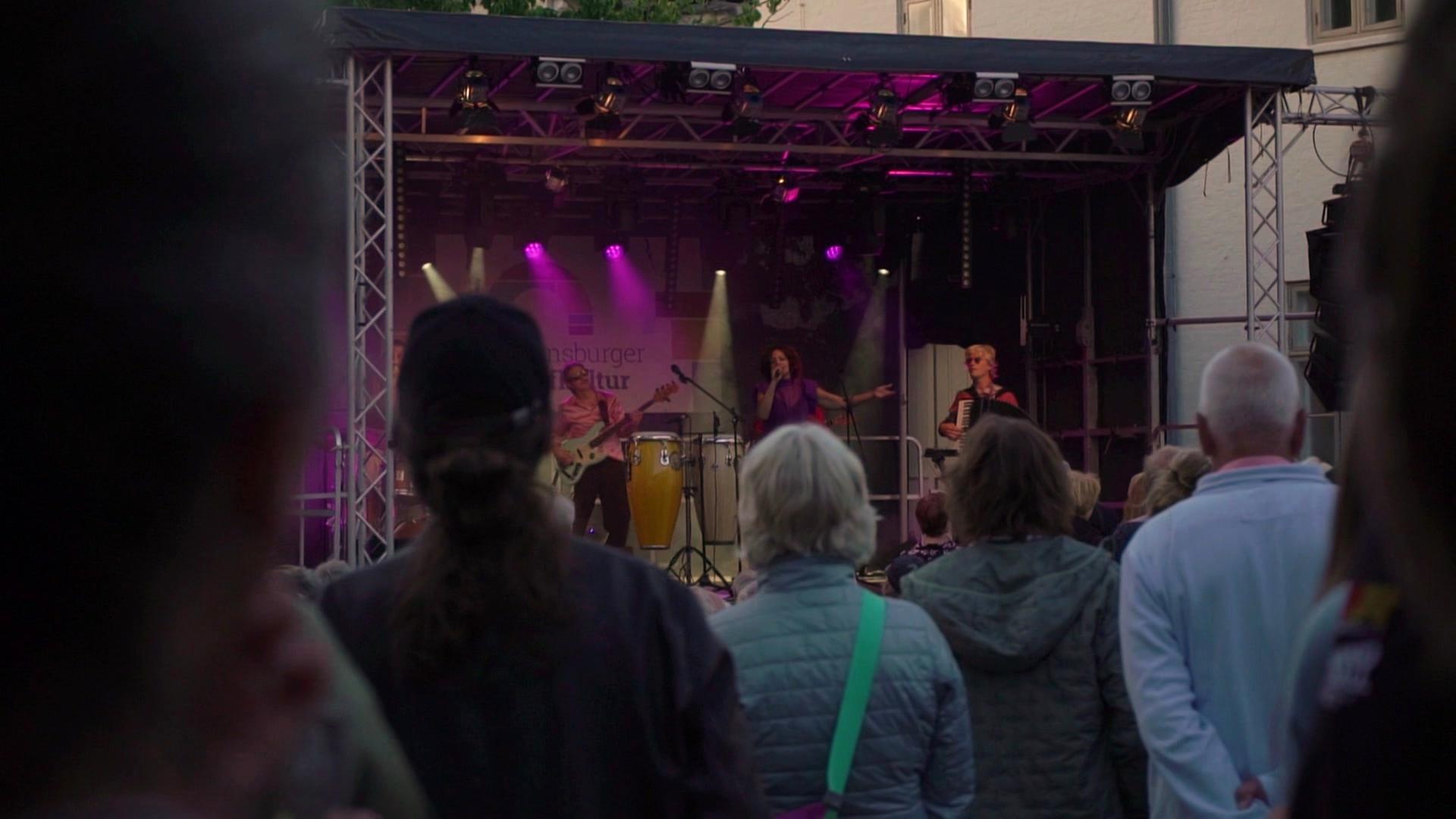 Menschen stehen vor einer Bühne auf der ein Konzert gespielt wird. | Screenshot